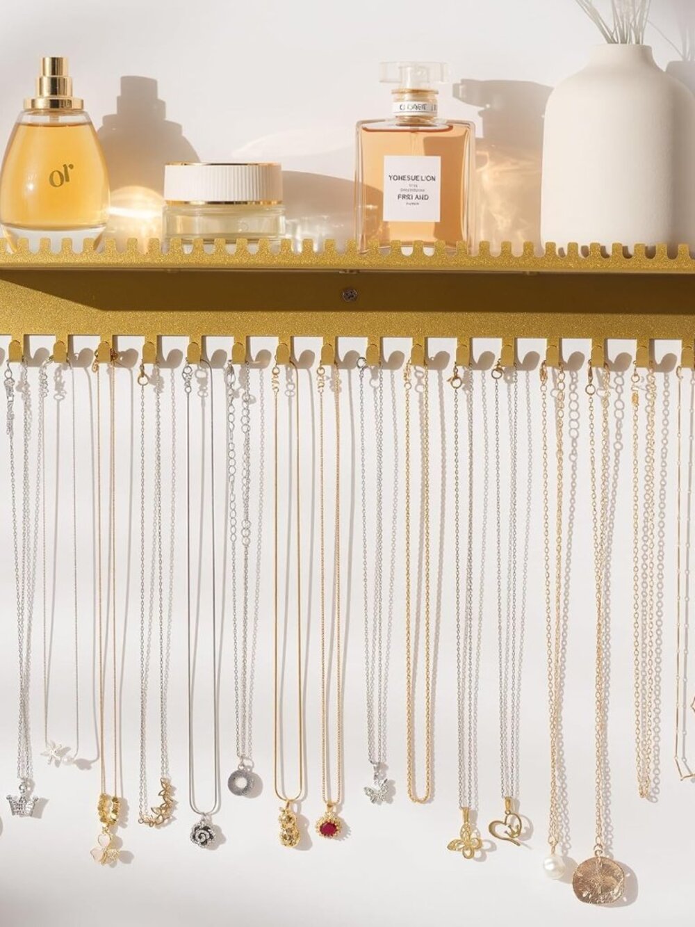 Wall Jewelry Organizer, Wall Mounted Necklace Holder with Shelf | Gold